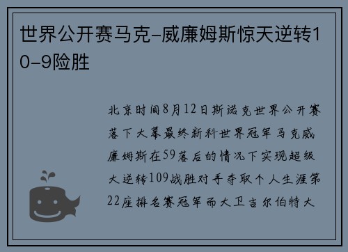 世界公开赛马克-威廉姆斯惊天逆转10-9险胜