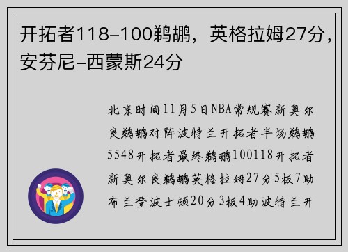开拓者118-100鹈鹕，英格拉姆27分，安芬尼-西蒙斯24分