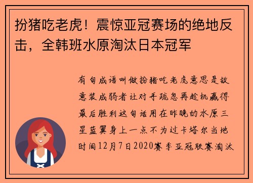 扮猪吃老虎！震惊亚冠赛场的绝地反击，全韩班水原淘汰日本冠军