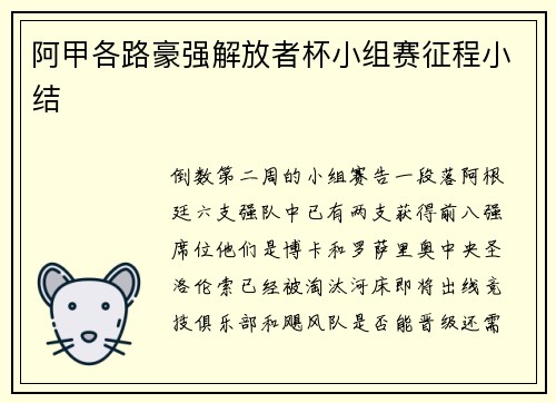 阿甲各路豪强解放者杯小组赛征程小结